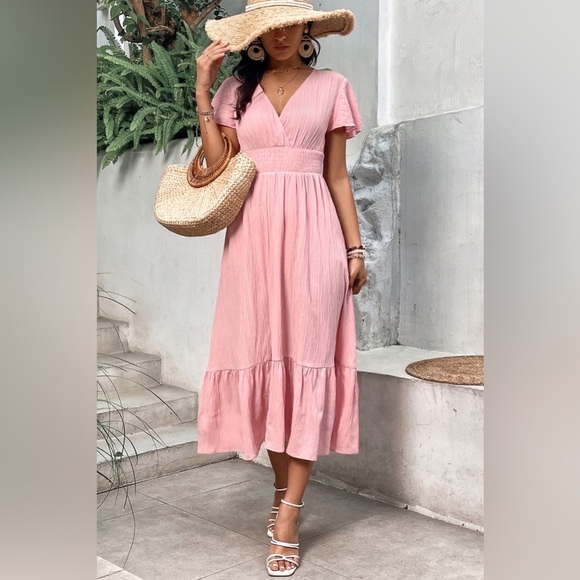 Surplice Neck Smocked Waist Flutter Sleeve Dress Blush Pink - Picture 1 of 5
